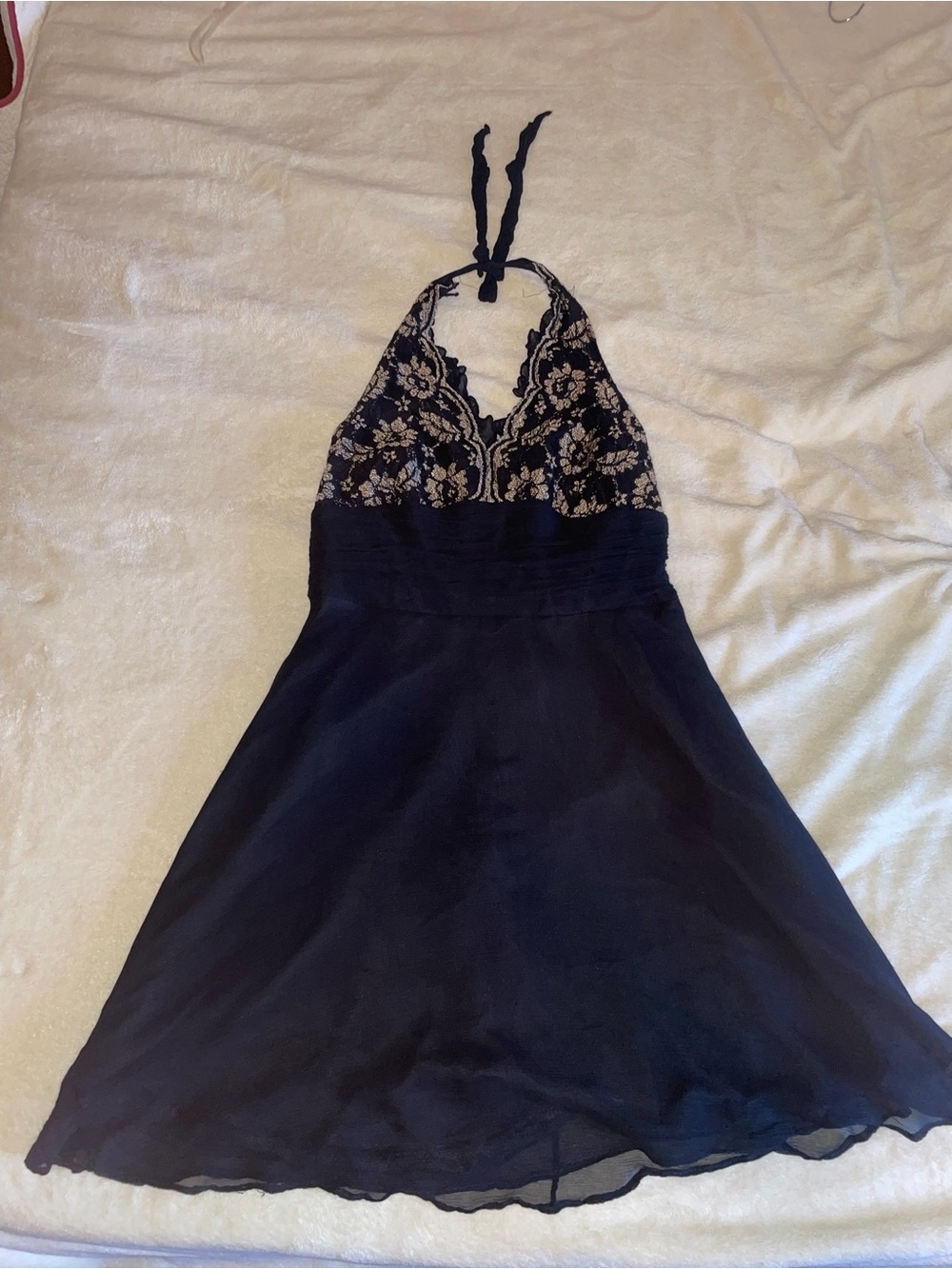 Robbie Bee Black and Cream Lace Halter Backless Dress